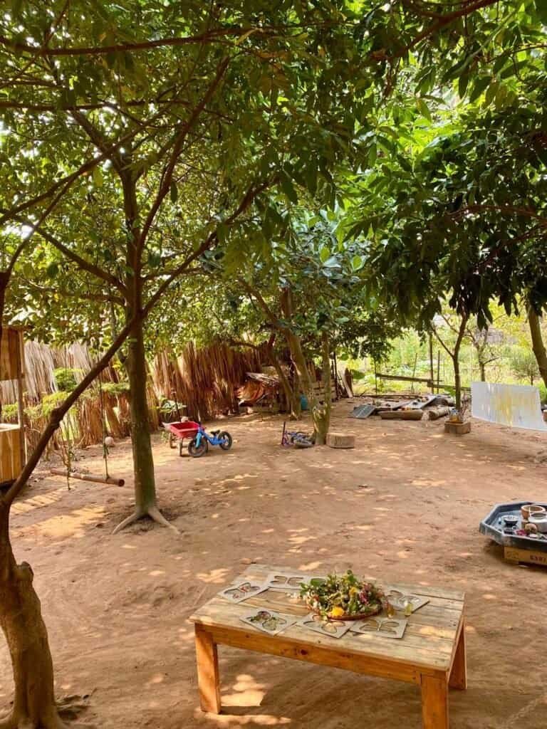Natural outdoor play space with trees, toys, and a wooden table for children.